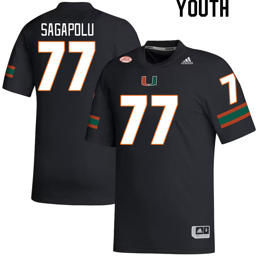 Youth #77 Logan Sagapolu Miami Hurricanes College Football Jerseys Stitched-Black